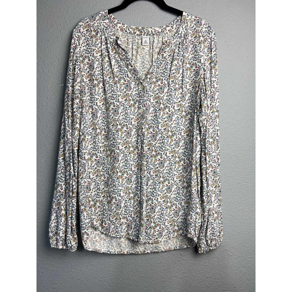 Old Navy Womens Small Tall White Floral Open Neck Long Sleeve Rayon‎ Blouse
